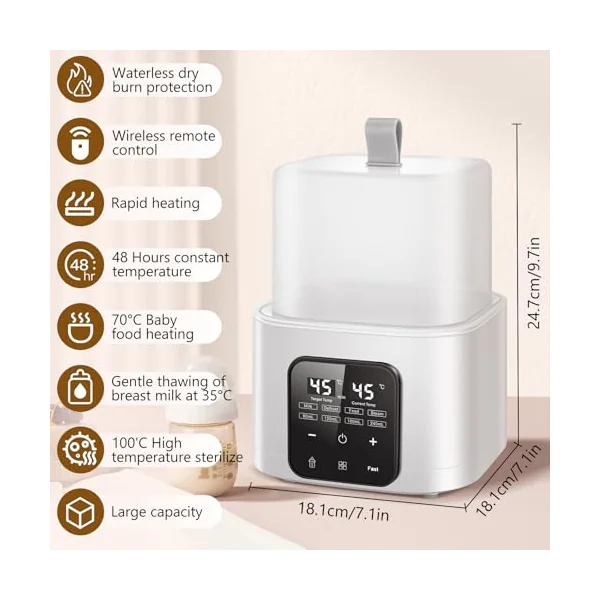 Baby Bottle Warmer for 4 Bottles, 6-in-1 Baby Bottle Sterilizer with Digital LCD, Temperature and Remote Control, Fast Warming & Defrost, High Temperature Steam Clean, 48H Keep Warm