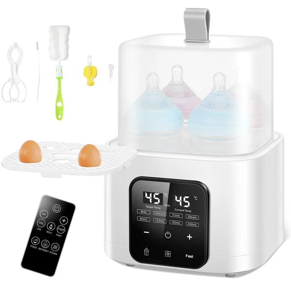 Baby Bottle Warmer for 4 Bottles, 6-in-1 Baby Bottle Sterilizer with Digital LCD, Temperature and Remote Control, Fast Warming & Defrost, High Temperature Steam Clean, 48H Keep Warm