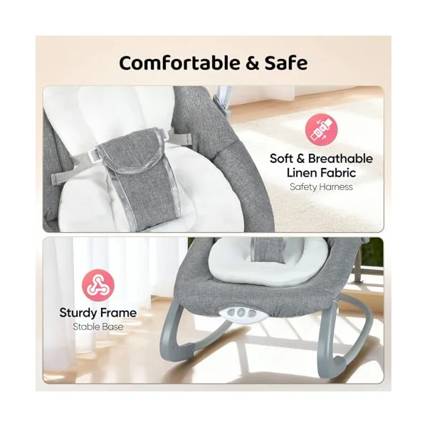 Baby Bouncer, Baby Bouncer from Birth Baby Rocker Infant Seat with 3-Point Harness & Removable Play Bar & Music, for 0-6 Months