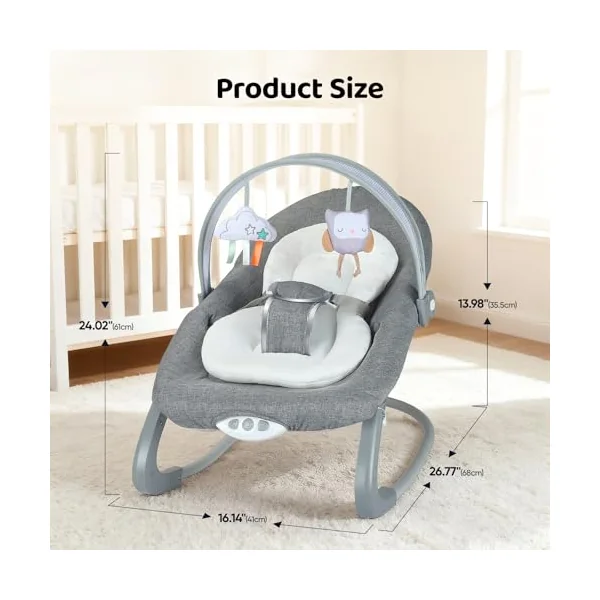 Baby Bouncer, Baby Bouncer from Birth Baby Rocker Infant Seat with Soothing Vibrations, Baby Swing Chair with 3-Point Harness & Removable Play Bar & Music, for 0-6 Months