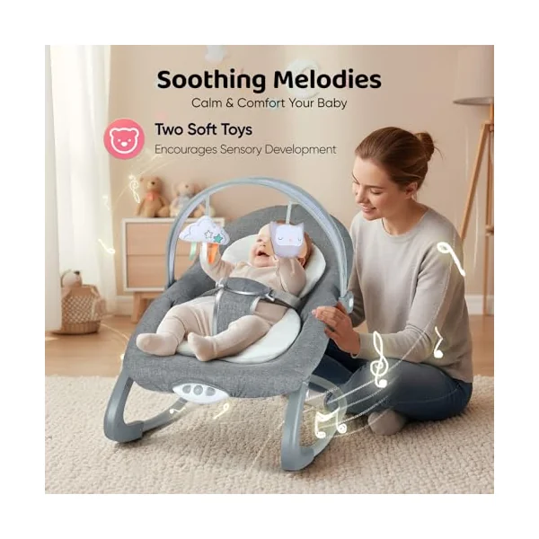 Baby Bouncer, Baby Bouncer from Birth Baby Rocker Infant Seat with Soothing Vibrations, Baby Swing Chair with 3-Point Harness & Removable Play Bar & Music, for 0-6 Months