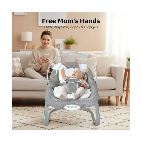 Baby Bouncer, Baby Bouncer from Birth Baby Rocker Infant Seat with Soothing Vibrations, Baby Swing Chair with 3-Point Harness & Removable Play Bar & Music, for 0-6 Months