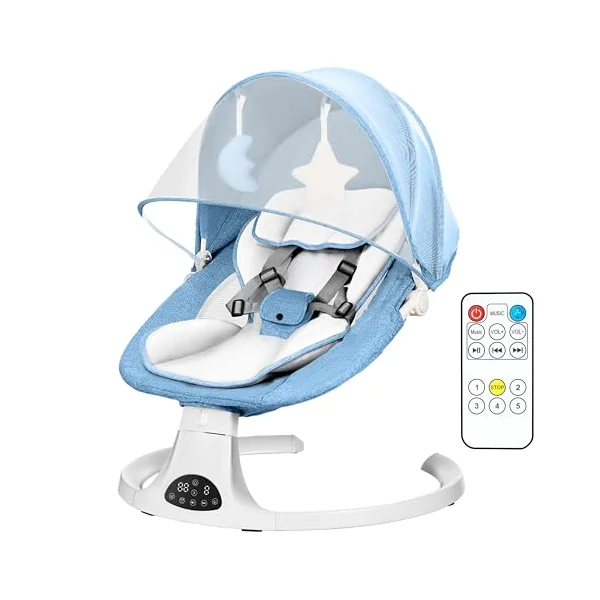 Baby Bouncer from Birth with 5 Swing Speed, 3-Stage Timer and Remote Control, Baby Swing Chair from Birth with 2 Plush Toys & Soft Padded Newborn Bouncer (Blue)