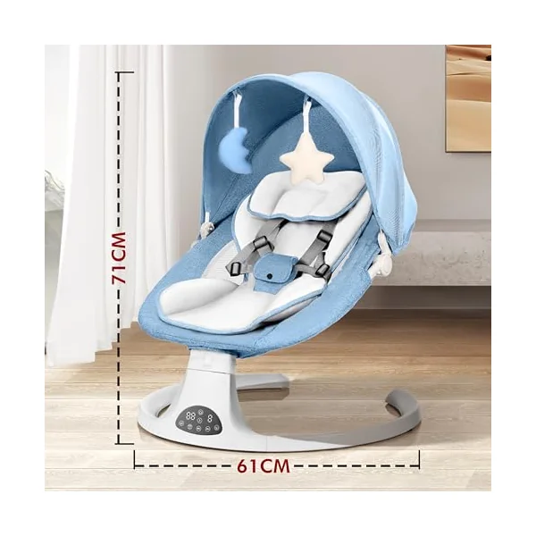 Baby Bouncer from Birth with 5 Swing Speed, 3-Stage Timer and Remote Control, Baby Swing Chair from Birth with 2 Plush Toys & Soft Padded Newborn Bouncer (Blue)
