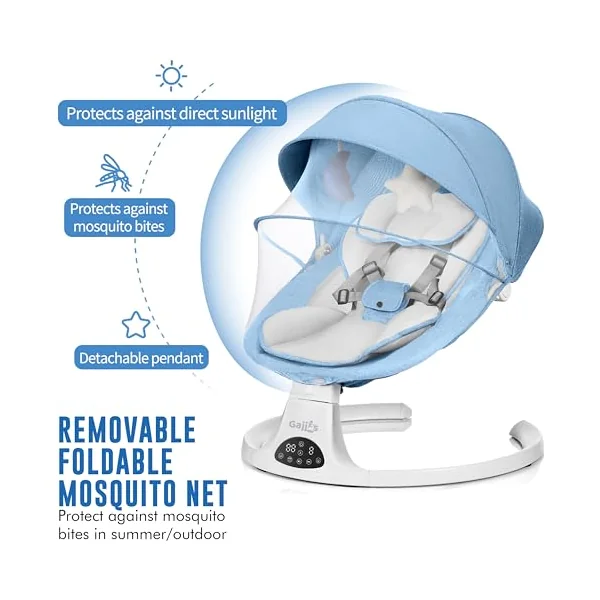 Baby Bouncer from Birth with 5 Swing Speed, 3-Stage Timer and Remote Control, Baby Swing Chair from Birth with 2 Plush Toys & Soft Padded Newborn Bouncer (Blue)