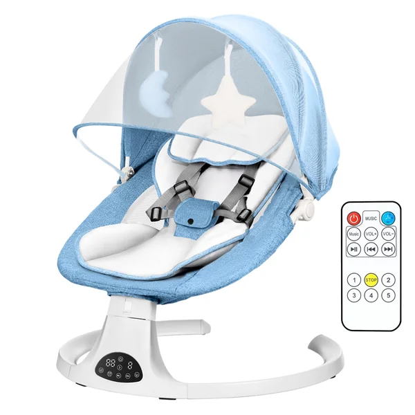 Baby Bouncer from Birth with 5 Swing Speed, 3-Stage Timer and Remote Control, Baby Swing Chair from Birth with 2 Plush Toys & Soft Padded Newborn Bouncer (Blue)
