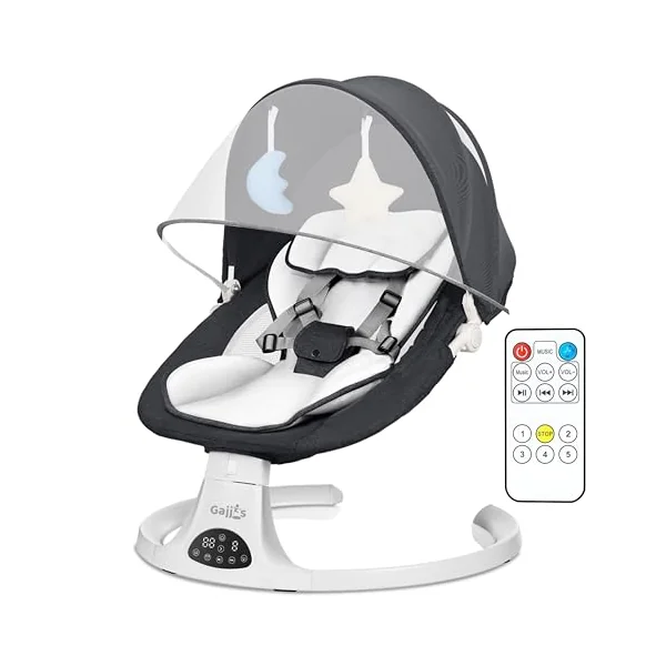 Baby Bouncer Swing Chair from Birth | 5-Speed Baby Swing with Remote Control, 3-Stage Timer, Soft Padded Seat & 2 Plush Toys | Newborn Infant Bouncer. (Black)