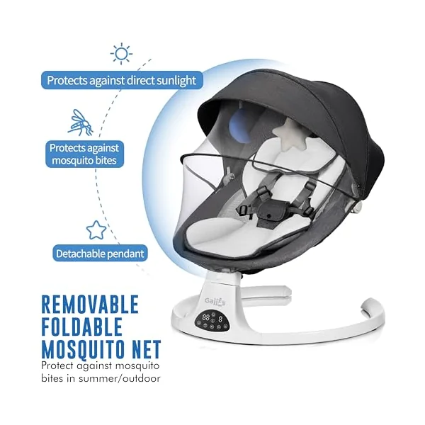 Baby Bouncer Swing Chair from Birth | 5-Speed Baby Swing with Remote Control, 3-Stage Timer, Soft Padded Seat & 2 Plush Toys | Newborn Infant Bouncer. (Black)