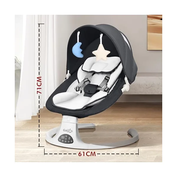 Baby Bouncer Swing Chair from Birth | 5-Speed Baby Swing with Remote Control, 3-Stage Timer, Soft Padded Seat & 2 Plush Toys | Newborn Infant Bouncer. (Black)