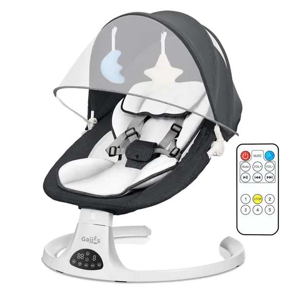Baby Bouncer Swing Chair from Birth | 5-Speed Baby Swing with Remote Control, 3-Stage Timer, Soft Padded Seat & 2 Plush Toys | Newborn Infant Bouncer. (Black)