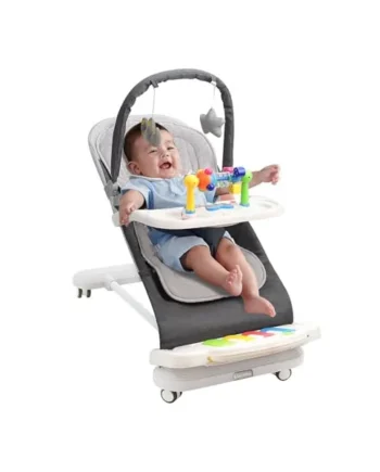 Baby Bouncer with Detachable Piano Toys, Baby Rocker with Feeding Tray, Removable Toy Bar, Thickened Cushion and Wheels. 4-Level Adjustable Bouncer Chair for Infants 0-18 Months (Grey)