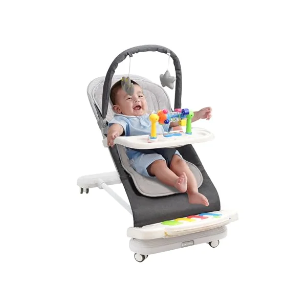 Baby Bouncer with Detachable Piano Toys, Baby Rocker with Feeding Tray, Removable Toy Bar, Thickened Cushion and Wheels. 4-Level Adjustable Bouncer Chair for Infants 0-18 Months (Grey)