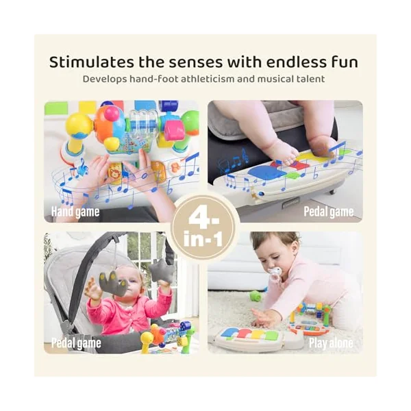Baby Bouncer with Detachable Piano Toys, Baby Rocker with Feeding Tray, Removable Toy Bar, Thickened Cushion and Wheels. 4-Level Adjustable Bouncer Chair for Infants 0-18 Months (Grey)