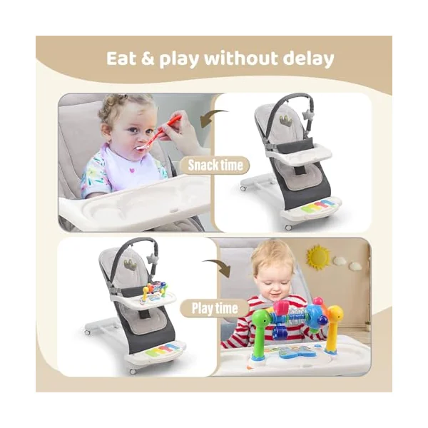Baby Bouncer with Detachable Piano Toys, Baby Rocker with Feeding Tray, Removable Toy Bar, Thickened Cushion and Wheels. 4-Level Adjustable Bouncer Chair for Infants 0-18 Months (Grey)