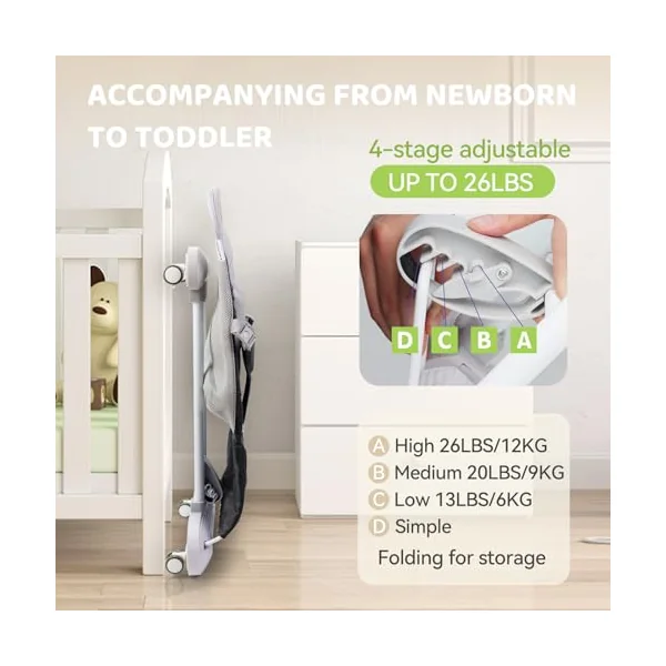 Baby Bouncer with Detachable Piano Toys, Baby Rocker with Feeding Tray, Removable Toy Bar, Thickened Cushion and Wheels. 4-Level Adjustable Bouncer Chair for Infants 0-18 Months (Grey)
