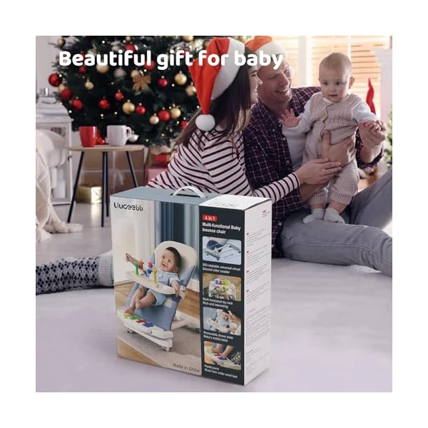 Baby Bouncer with Detachable Piano Toys, Baby Rocker with Feeding Tray, Removable Toy Bar, Thickened Cushion and Wheels. 4-Level Adjustable Bouncer Chair for Infants 0-18 Months (Grey)