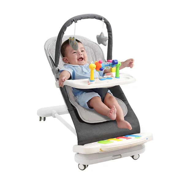 Baby Bouncer with Detachable Piano Toys, Baby Rocker with Feeding Tray, Removable Toy Bar, Thickened Cushion and Wheels. 4-Level Adjustable Bouncer Chair for Infants 0-18 Months (Grey)