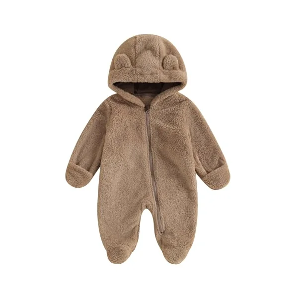 Baby Boys Girls Winter Jumpsuit Newborn Cute Bear Snowsuit Fleece Long Sleeve Footed Hooded Zipper Romper Winter Coat Outwear Warm Outfits