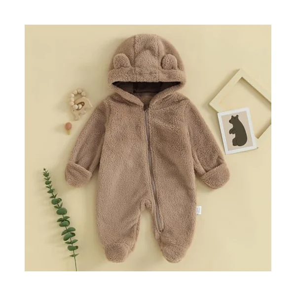 Baby Boys Girls Winter Jumpsuit Newborn Cute Bear Snowsuit Fleece Long Sleeve Footed Hooded Zipper Romper Winter Coat Outwear Warm Outfits