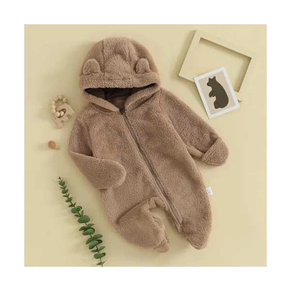 Baby Boys Girls Winter Jumpsuit Newborn Cute Bear Snowsuit Fleece Long Sleeve Footed Hooded Zipper Romper Winter Coat Outwear Warm Outfits
