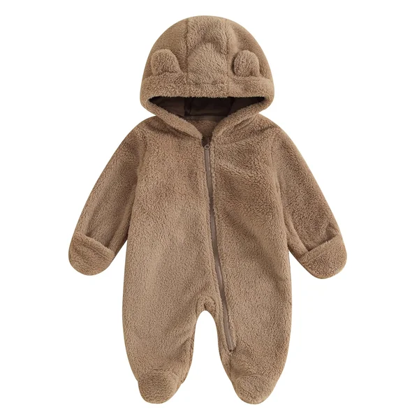 Baby Boys Girls Winter Jumpsuit Newborn Cute Bear Snowsuit Fleece Long Sleeve Footed Hooded Zipper Romper Winter Coat Outwear Warm Outfits