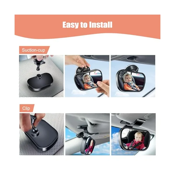 Baby Car Mirror, 360° Adjustable Rearview for Rear Facing Infant Suction Cup & Clip Car Visor Safety Mirror for SUV Trucks
