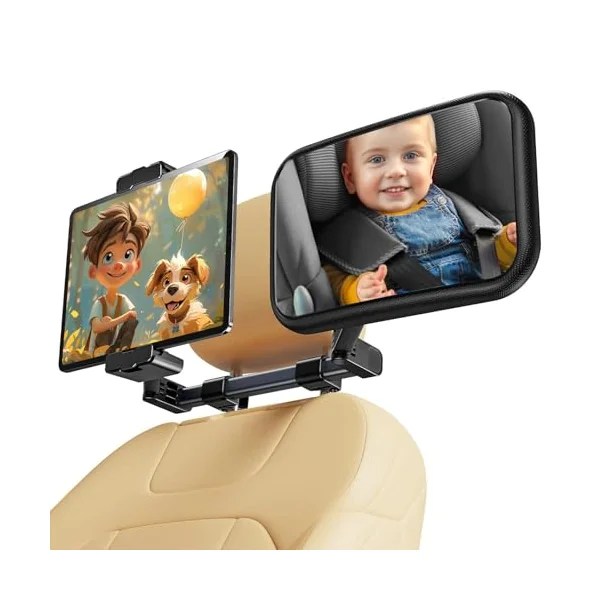 Baby Car Mirror for Baby Rear Facing - Infant Back Seat Mirrors With Holder and Hooks for Fixed Headrest Safety Large Wide Adjustable Auto Rearview, 2 In 1