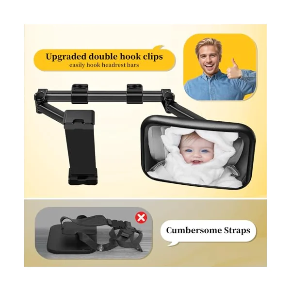 Baby Car Mirror for Baby Rear Facing - Infant Back Seat Mirrors With Holder and Hooks for Fixed Headrest Safety Large Wide Adjustable Auto Rearview, 2 In 1