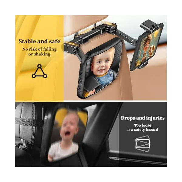 Baby Car Mirror for Baby Rear Facing - Infant Back Seat Mirrors With Holder and Hooks for Fixed Headrest Safety Large Wide Adjustable Auto Rearview, 2 In 1