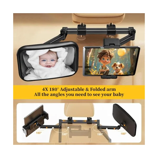 Baby Car Mirror for Baby Rear Facing - Infant Back Seat Mirrors With Holder and Hooks for Fixed Headrest Safety Large Wide Adjustable Auto Rearview, 2 In 1