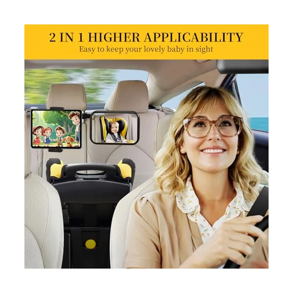 Baby Car Mirror for Baby Rear Facing - Infant Back Seat Mirrors With Holder and Hooks for Fixed Headrest Safety Large Wide Adjustable Auto Rearview, 2 In 1