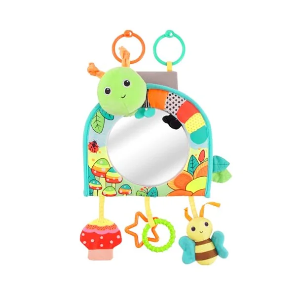 Baby Car Mirror Rear View with Soft Hanging Green Caterpillar Toys, Keeps Baby Entertained & Parents at Ease, for Car Seat and Stroller, Safety Mirror