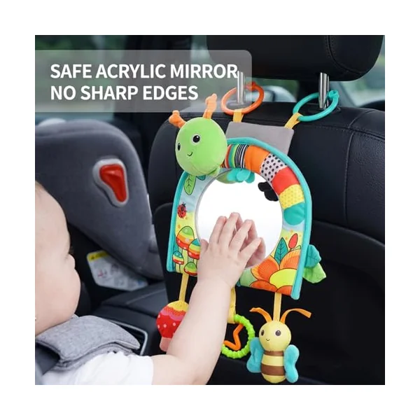 Baby Car Mirror Rear View with Soft Hanging Green Caterpillar Toys, Keeps Baby Entertained & Parents at Ease, for Car Seat and Stroller, Safety Mirror