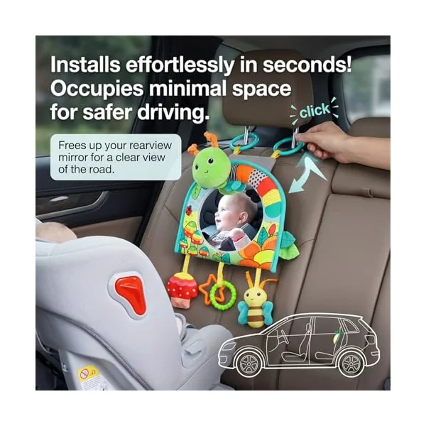 Baby Car Mirror Rear View with Soft Hanging Green Caterpillar Toys, Keeps Baby Entertained & Parents at Ease, for Car Seat and Stroller, Safety Mirror