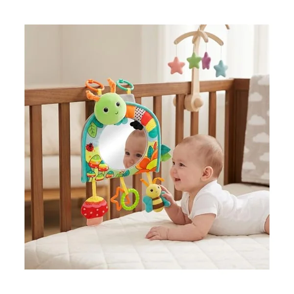 Baby Car Mirror Rear View with Soft Hanging Green Caterpillar Toys, Keeps Baby Entertained & Parents at Ease, for Car Seat and Stroller, Safety Mirror