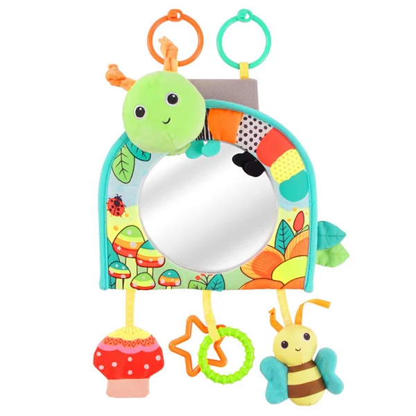 Baby Car Mirror Rear View with Soft Hanging Green Caterpillar Toys, Keeps Baby Entertained & Parents at Ease, for Car Seat and Stroller, Safety Mirror