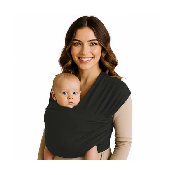 Baby carrier suitable for newborns from 0 to 36 months. Comfortable, physiological and ergonomic, flexible and durable, easy to tie. Black, lightweight, hands free. Size: 5.3 m x 0.58 m