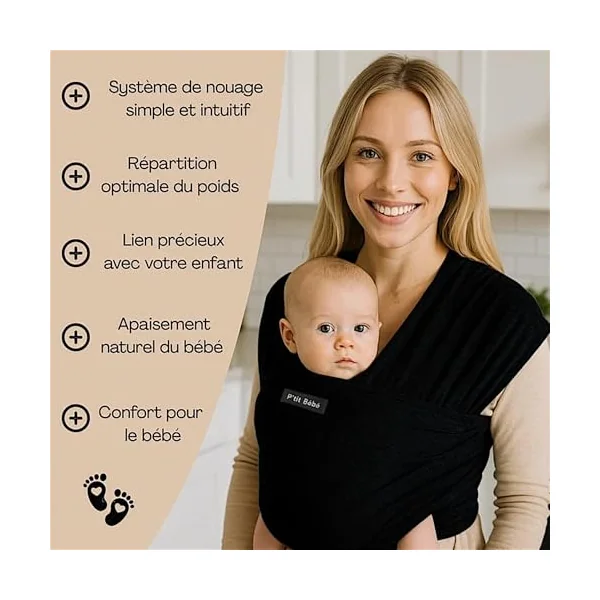 Baby carrier suitable for newborns from 0 to 36 months. Comfortable, physiological and ergonomic, flexible and durable, easy to tie. Black, lightweight, hands free. Size: 5.3 m x 0.58 m