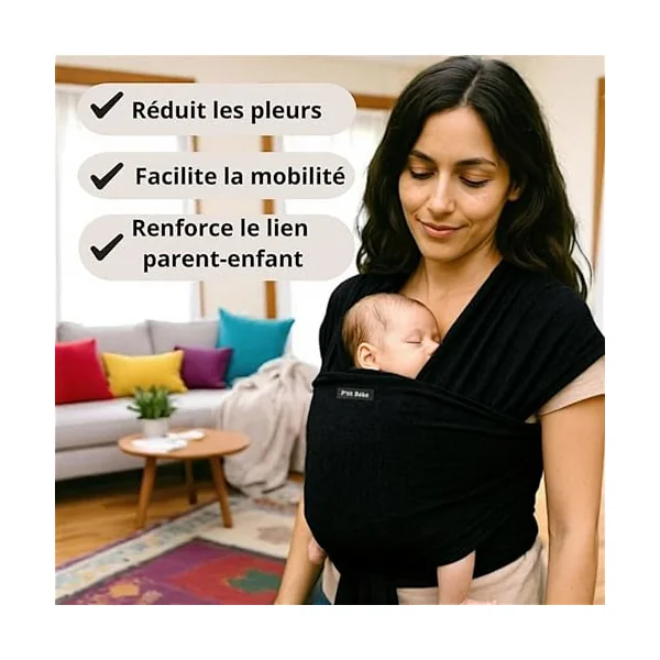 Baby carrier suitable for newborns from 0 to 36 months. Comfortable, physiological and ergonomic, flexible and durable, easy to tie. Black, lightweight, hands free. Size: 5.3 m x 0.58 m