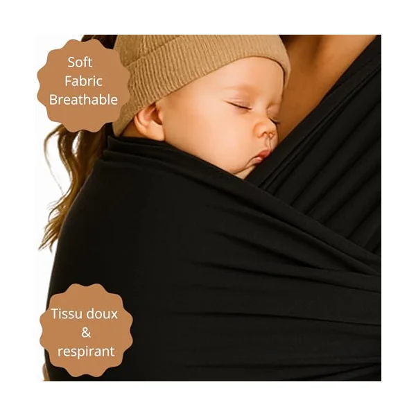 Baby carrier suitable for newborns from 0 to 36 months. Comfortable, physiological and ergonomic, flexible and durable, easy to tie. Black, lightweight, hands free. Size: 5.3 m x 0.58 m