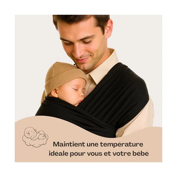 Baby carrier suitable for newborns from 0 to 36 months. Comfortable, physiological and ergonomic, flexible and durable, easy to tie. Black, lightweight, hands free. Size: 5.3 m x 0.58 m