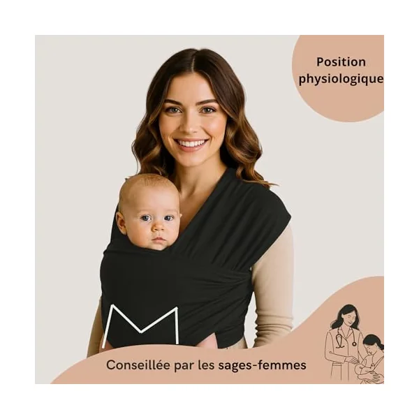 Baby carrier suitable for newborns from 0 to 36 months. Comfortable, physiological and ergonomic, flexible and durable, easy to tie. Black, lightweight, hands free. Size: 5.3 m x 0.58 m