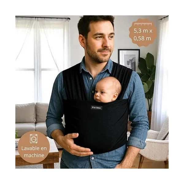 Baby carrier suitable for newborns from 0 to 36 months. Comfortable, physiological and ergonomic, flexible and durable, easy to tie. Black, lightweight, hands free. Size: 5.3 m x 0.58 m