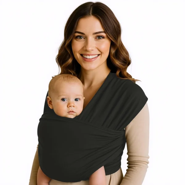 Baby carrier suitable for newborns from 0 to 36 months. Comfortable, physiological and ergonomic, flexible and durable, easy to tie. Black, lightweight, hands free. Size: 5.3 m x 0.58 m