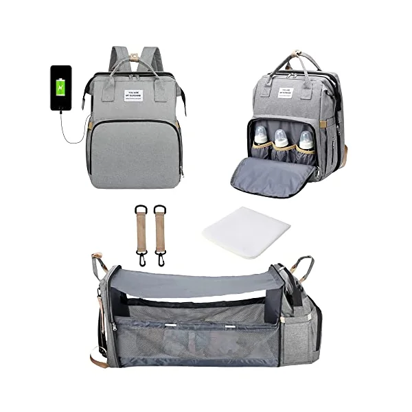 Baby Changing Bag Backpack Nappy Changing Bag Diaper Bag Backpack with Changing Mat Portable Travel Diaper Bag Baby Bed Backpack Multifunctional Mummy Bag with USB Port