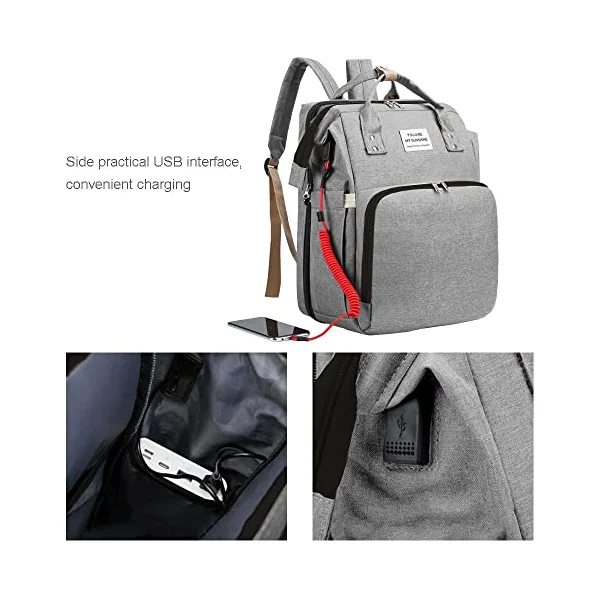 Baby Changing Bag Backpack Nappy Changing Bag Diaper Bag Backpack with Changing Mat Portable Travel Diaper Bag Baby Bed Backpack Multifunctional Mummy Bag with USB Port