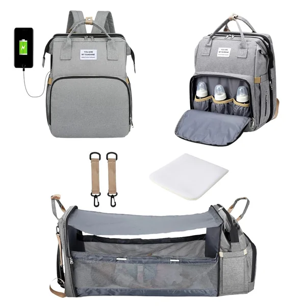 Baby Changing Bag Backpack Nappy Changing Bag Diaper Bag Backpack with Changing Mat Portable Travel Diaper Bag Baby Bed Backpack Multifunctional Mummy Bag with USB Port