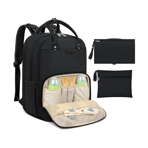 Baby Changing Bag Backpack with Portable Changing Mat Waterproof Nappy Bag Multifunction Baby Diaper Bags Large Rucksack Bag for Mom & Dad Black
