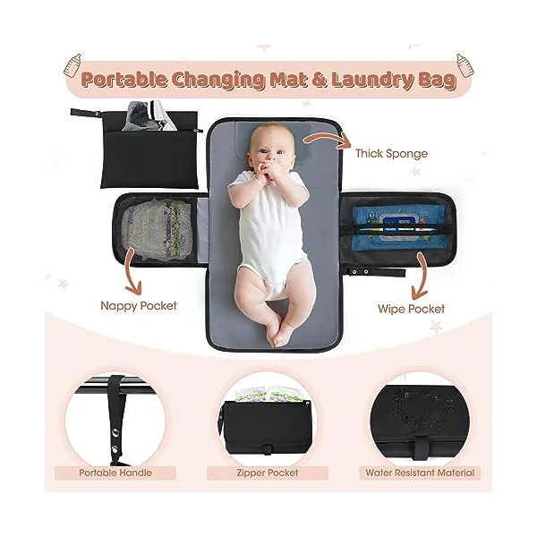 Baby Changing Bag Backpack with Portable Changing Mat Waterproof Nappy Bag Multifunction Baby Diaper Bags Large Rucksack Bag for Mom & Dad Black