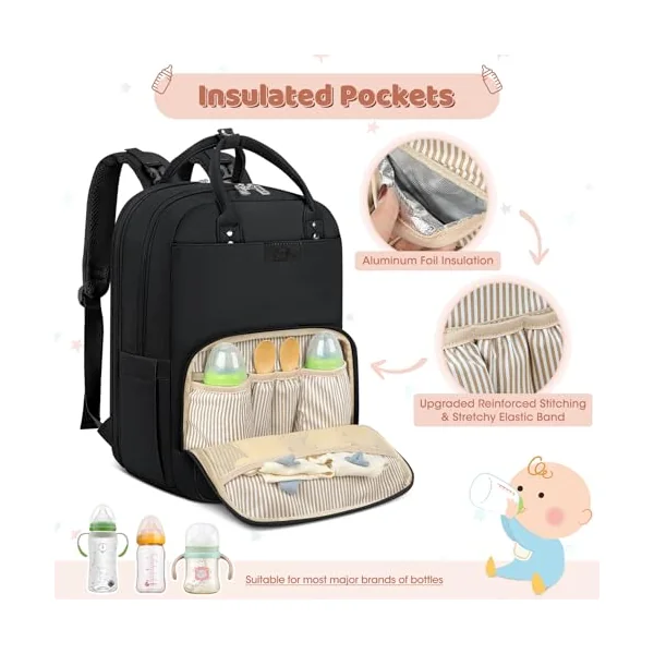 Baby Changing Bag Backpack with Portable Changing Mat Waterproof Nappy Bag Multifunction Baby Diaper Bags Large Rucksack Bag for Mom & Dad Black